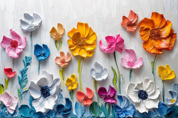 Detailed oil painting featuring a row of vibrant flowers displayed on a white wall.