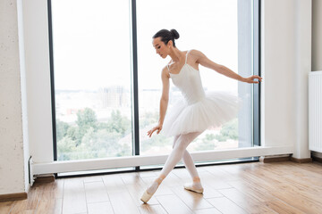 Fototapeta na wymiar Young Caucasian ballerina in white tutu dancing on pointe in large bright modern hall in front of window. Classical ballerina. Classical ballet performed by dancer on hall of spacious studio.