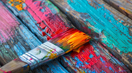 Obraz premium Paintbrush with very vibrant and colorful oil paints on it, very old wooden desk in the background, generative ai