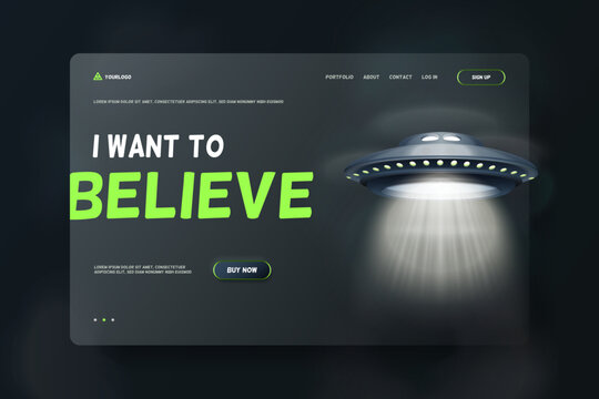 Realistic ufo. Sci-fi alien spaceship background conspiracy poster, extraterrestre night abduction light beam, 3d space ship cosmic saucer model modern design vector illustration