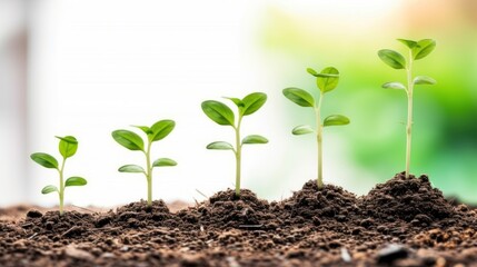 a group of small green plants sprouting out of dirt in front of a bright green and white background.