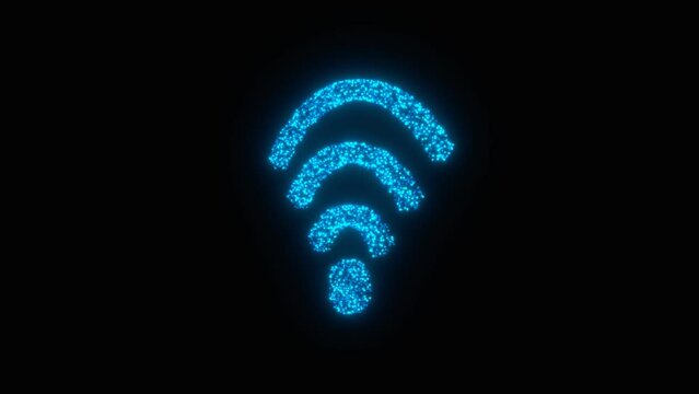 Blue neon rotating wifi icon hologram loop animation on black background