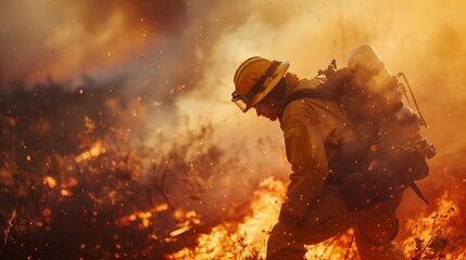 A lone firefighter stands between raging flames and safety - obrazy, fototapety, plakaty