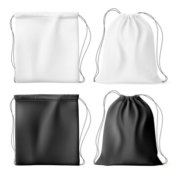 Drawstring bags. Realistic sport sack with rope or nylon cord, canvas backpack mockup for gym fabric back bag template fashion textile rucksack, pouch nowaday vector illustration