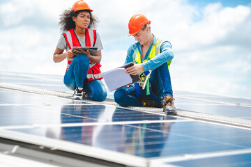 Male professional engineer installing solar photovoltaic panel system, Electrician mounting blue...