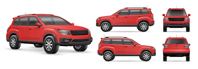 Realistic red suv. 3d car motor mockup for dealership studio, travel sport cars 4x4 automotive carrier modern vehicle auto transmission render automobile nowaday vector illustration © ssstocker