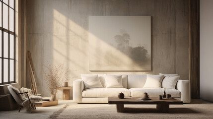 A neutral living room with textured walls in shades of white and cream