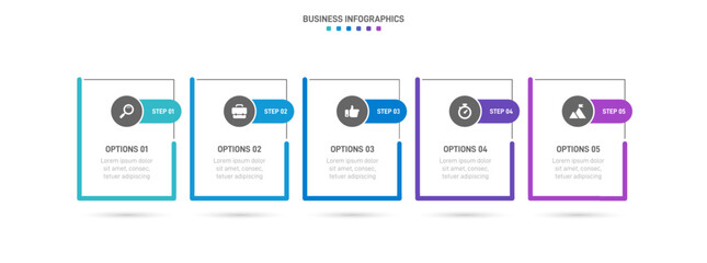 Timeline infographic with infochart. Modern presentation template with 5 spets for business process. Website template on white background for concept modern design. Horizontal layout.