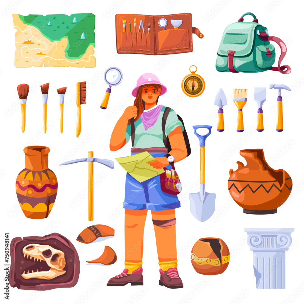 Wall mural archaeologist tools. archeologist with archaeological artifacts and instruments, paleontology explor