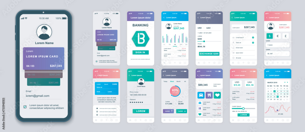 Poster banking mobile app screens set for web templates. pack of account login, financial statistic, online