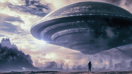 ai generative illustration of an alien standing under an ufo in a foggy landscape