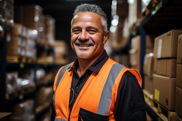 A man in an orange safety vest is smiling in a warehouse - obrazy, fototapety, plakaty