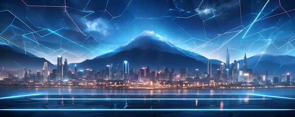 Panele Szklane  Cityscape with animeinspired Mount Fuji backdrop in a futuristic technological setting. Concept Cityscape Photography, Anime-Inspired Backdrop, Mount Fuji, Futuristic Technology, Urban Landscape