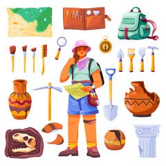 Obrazy na Plexi  Archaeologist tools. Archeologist with archaeological artifacts and instruments, paleontology explorer digging tool, brush map excavation fossil research recent vector illustration