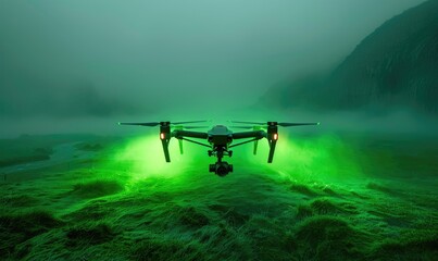 Fototapeta premium A flying drone, neon green glowing background