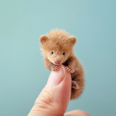 Cute minimal animal concept on pastel background. A miniature cub in a human hand on a fingertip. A cute irresistible baby bear.