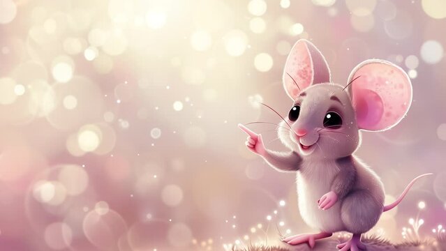 Cute cartoon animal, 3d art style, bokeh background. Stylized littlr mouse smiling and pointing. Copy space for text, card template, banner, backdrop. Cute character for kids, looped animation