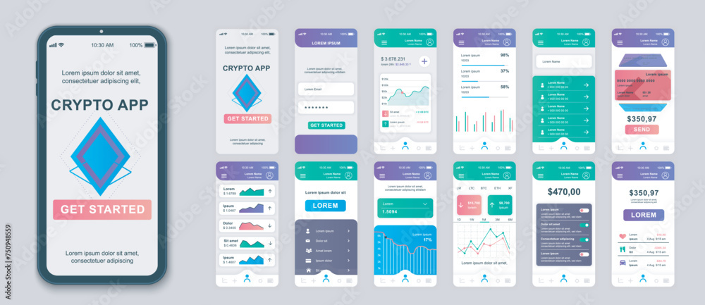 Fototapete crypto mobile app screens set for web templates. pack of profile login, financial statistics, crypto