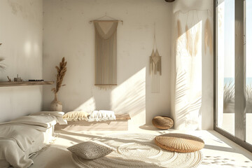 Boho-style interior. Authentic white interior. Macrame and wheat spikes in the interior.