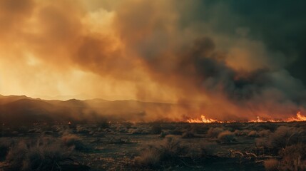 A wildfire spreads rapidly, consuming sparse vegetation on sandy dunes - obrazy, fototapety, plakaty