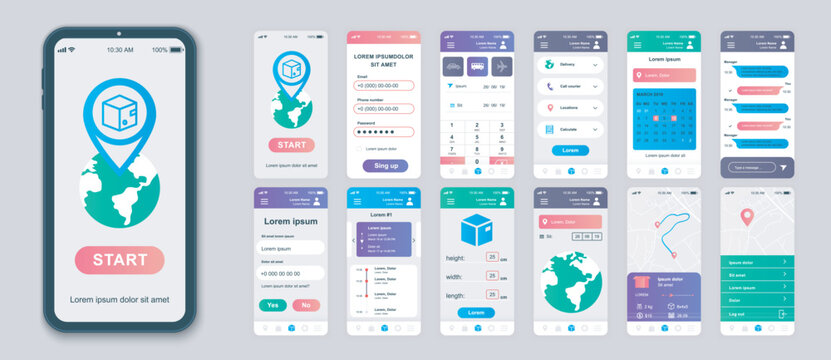 Delivery mobile app screens set for web templates. Pack of global logistic service, tracking parcel, calendar, calculate package. UI, UX, GUI user interface kit for cellphone layouts. Vector design