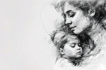 Fototapeta premium Mother and son embracing, black and white pencil sketchy drawing illustration