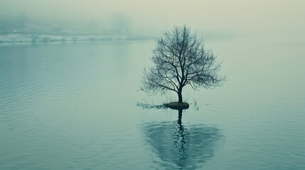 Serene Lake Landscape with Lone Tree in Misty Morning Light - Powered by Adobe