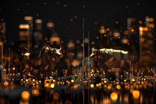 Vivid financial infographic illustrating stock market fluctuations, bulls and bears