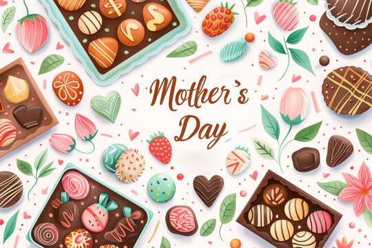 Mother's Day top view flat design illustration banner with sweets and chocolates © Pajaros Volando