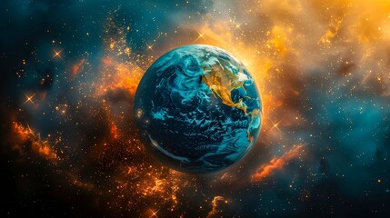 Obraz na płótnie Canvas Glistening Blue Planet Earth Amidst A Luminous Orange Nebula And Twinkling Stars In Space.