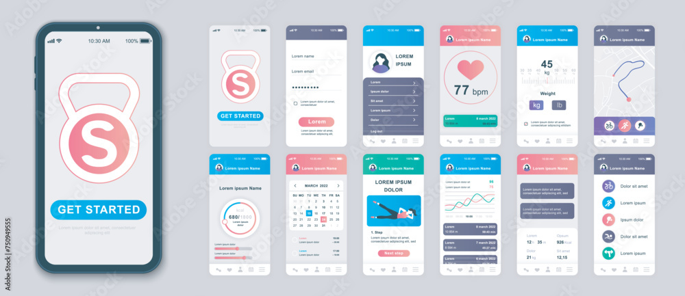 Fototapete fitness mobile app screens set for web templates. pack of user profile, wight or pulse information, 