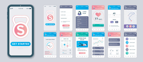 Fitness mobile app screens set for web templates. Pack of user profile, wight or pulse information, online maps, calendar, exercise. UI, UX, GUI user interface kit for cellphone layouts. Vector design
