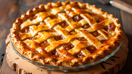 Golden Apple Pie with Woven Lattice Crust on Wooden Surface