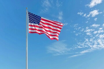 Fototapeta premium American flag on a flagpole flutters in the wind against a blue sky on a sunny day