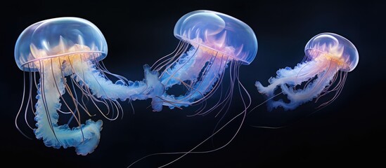 A group of jellyfish can be seen gracefully floating in the water, showcasing an exquisite display of wild lifes beauty.