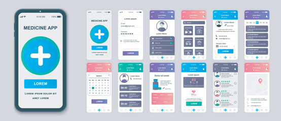 Medicine mobile app screens set for web templates. Pack of login profile, online services, doctor visits calendar, health data. UI, UX, GUI user interface kit for cellphone layouts. Vector design - obrazy, fototapety, plakaty