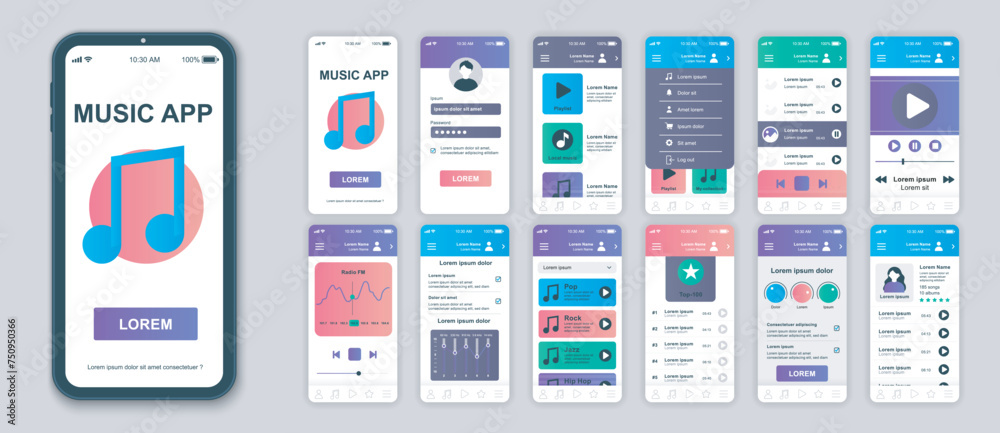 Fototapete music mobile app screens set for web templates. pack of profile login, album playlists, online audio