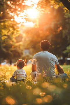 Back view of dad with his baby son sitting on the grass under sunlight of beautiful park landscape. Father's day concept. Vertical image