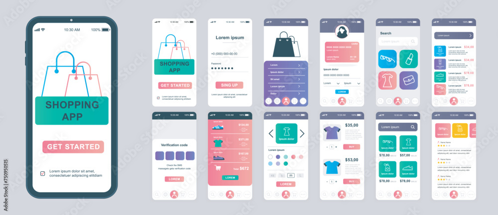 Poster shopping mobile app screens set for web templates. pack of profile login, purchases list, online ord