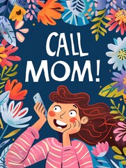 Mother's day conceptual banner colorful illustration banner with phrase of "Call mom". Vertical flyer, call to action marketing