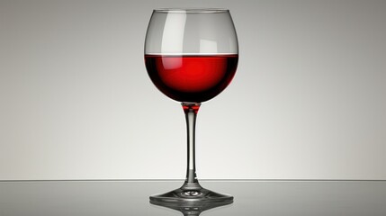 a close up of a wine glass with a red liquid inside of it on a table with a white wall in the background.