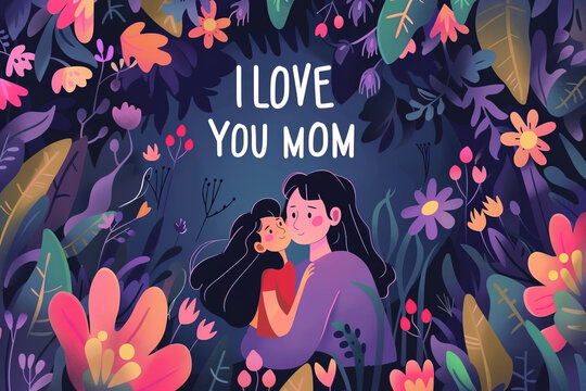 I love you mom minimalist colorful illustration flyer of little daughter and mother embracing each other. Mother's Day concept