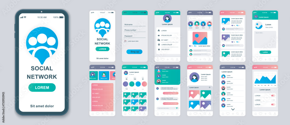 Poster social network mobile app screens set for web templates. pack of profile login, photo avatar, online
