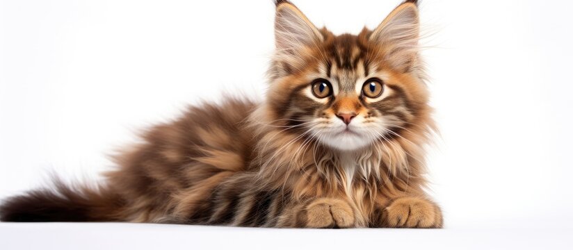 A small week old Maine Coon kitten is peacefully laying down on a white surface, showcasing its fluffy fur and adorable features.