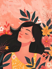 Naklejka premium Colorful woman illustration surrounded by flowers and leaves over pink background. Spring season vertical banner
