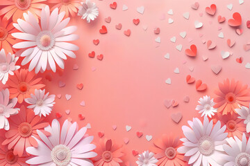 Paper cut of flowers and heart shapes over pink background. Copy space in the middle for text