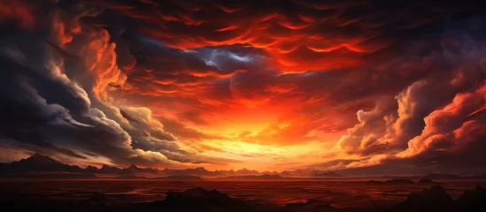 Foto auf Acrylglas The painting depicts a fiery sunset with dramatic clouds in the sky, capturing a moment of tranquility and hope following a storm. The vibrant colors and swirling clouds create a striking scene. © pngking