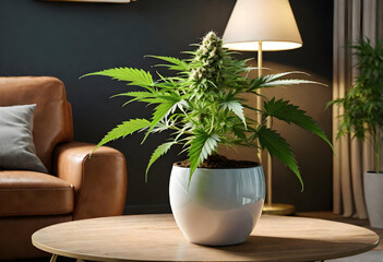 modern living room with weed plant - obrazy, fototapety, plakaty