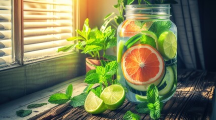 a mason jar filled with sliced limes, limeade, and a slice of grapefruit in front of a window.