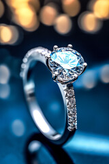 A gleaming diamond engagement ring is displayed against an abstract colorful background, symbolizing love, commitment, and elegance.
